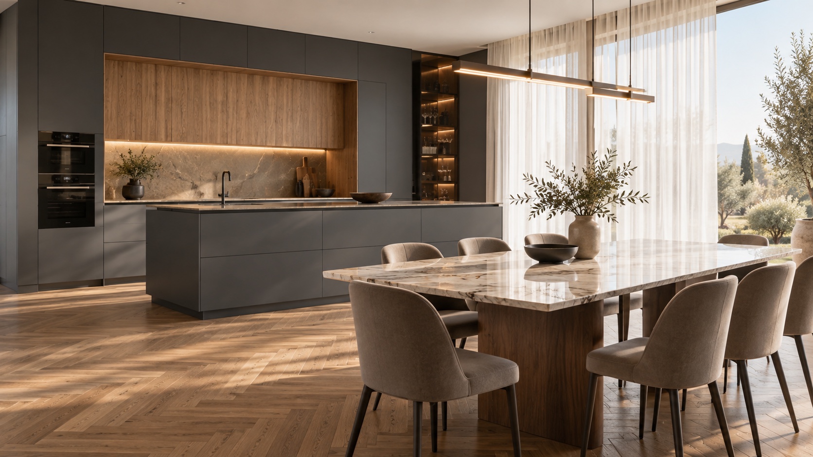 Slate and walnut kitchen with a marble dining table and soft daylight