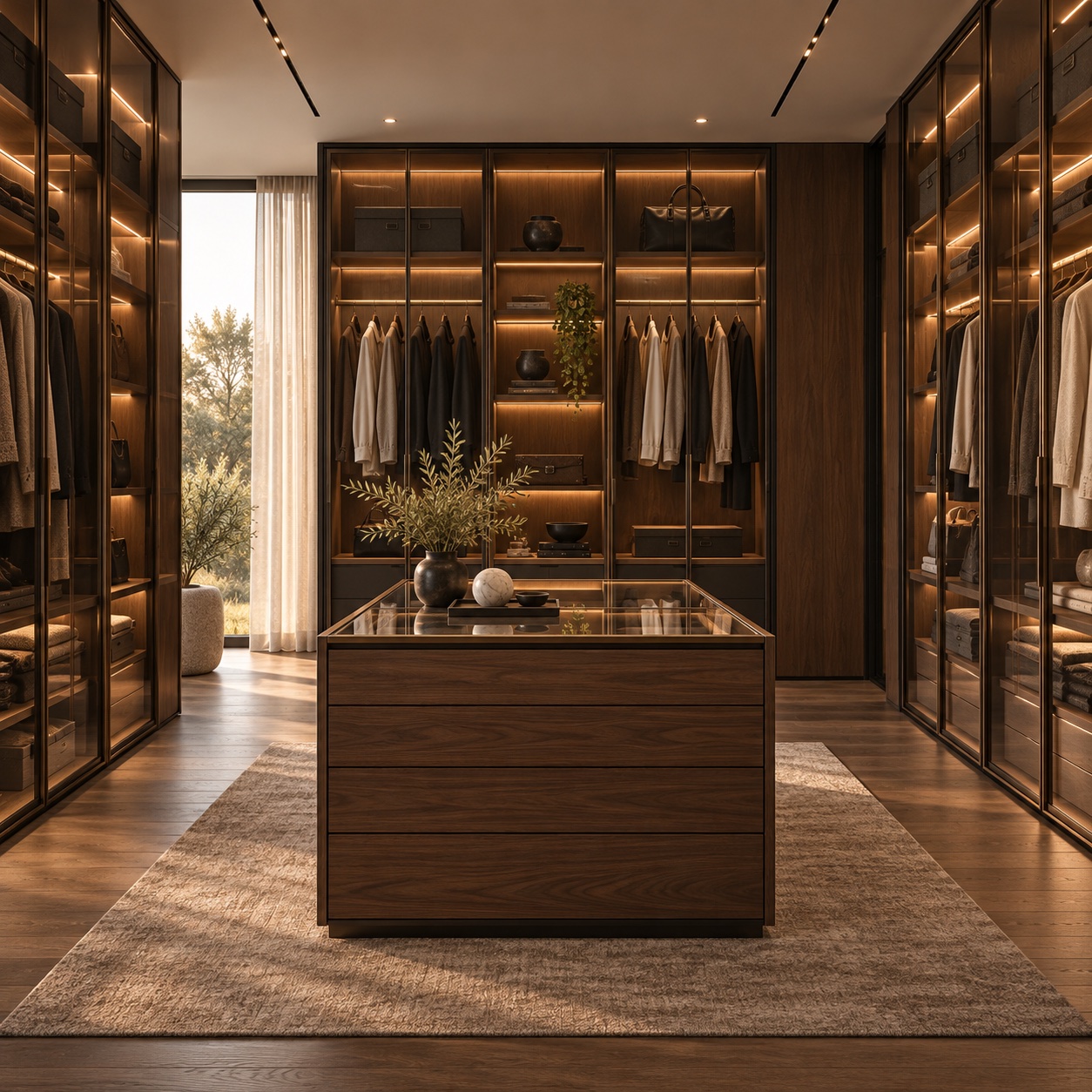 Symmetrical walnut dressing room with bronze glass doors and integrated lighting
