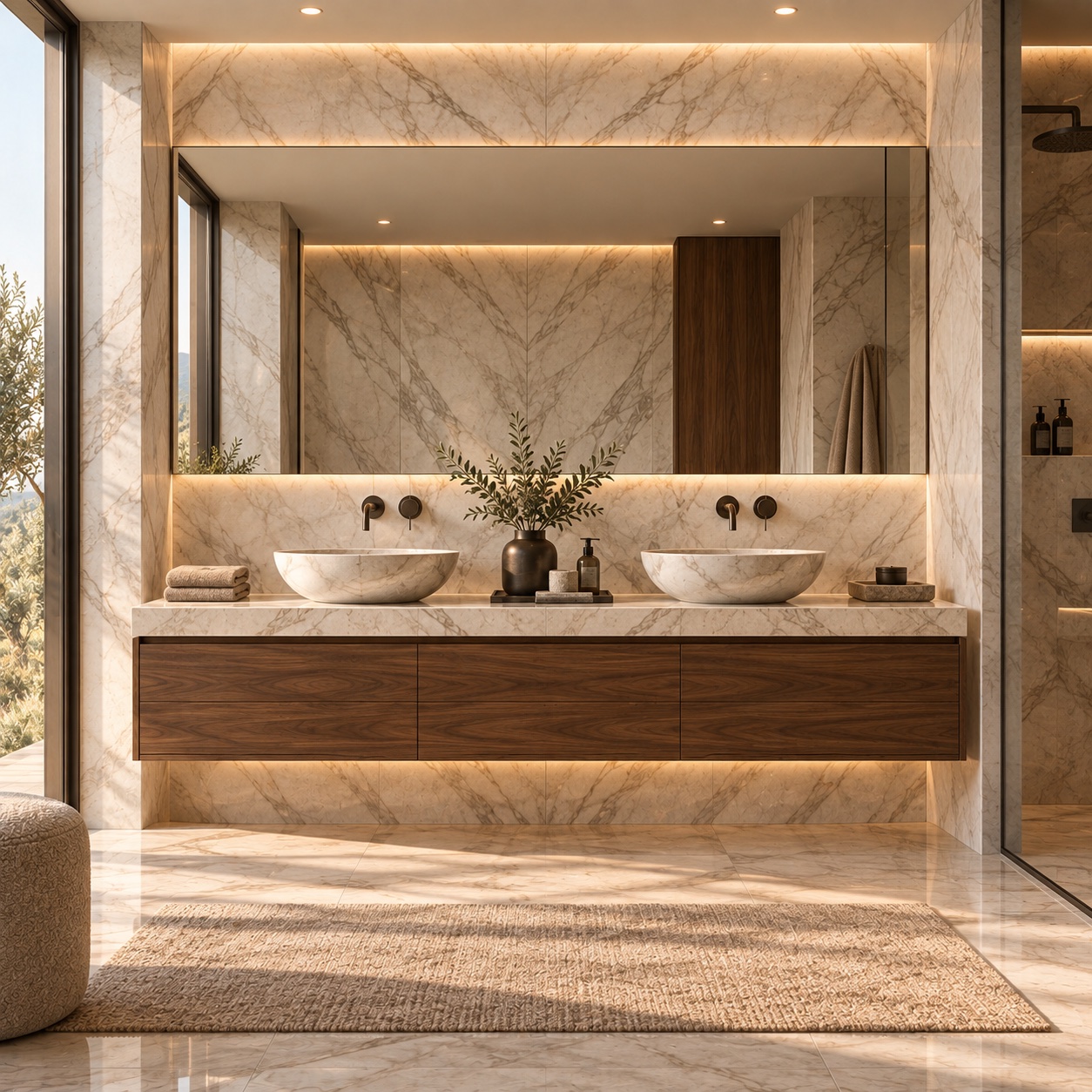 Book-matched marble bathroom with a floating walnut double vanity