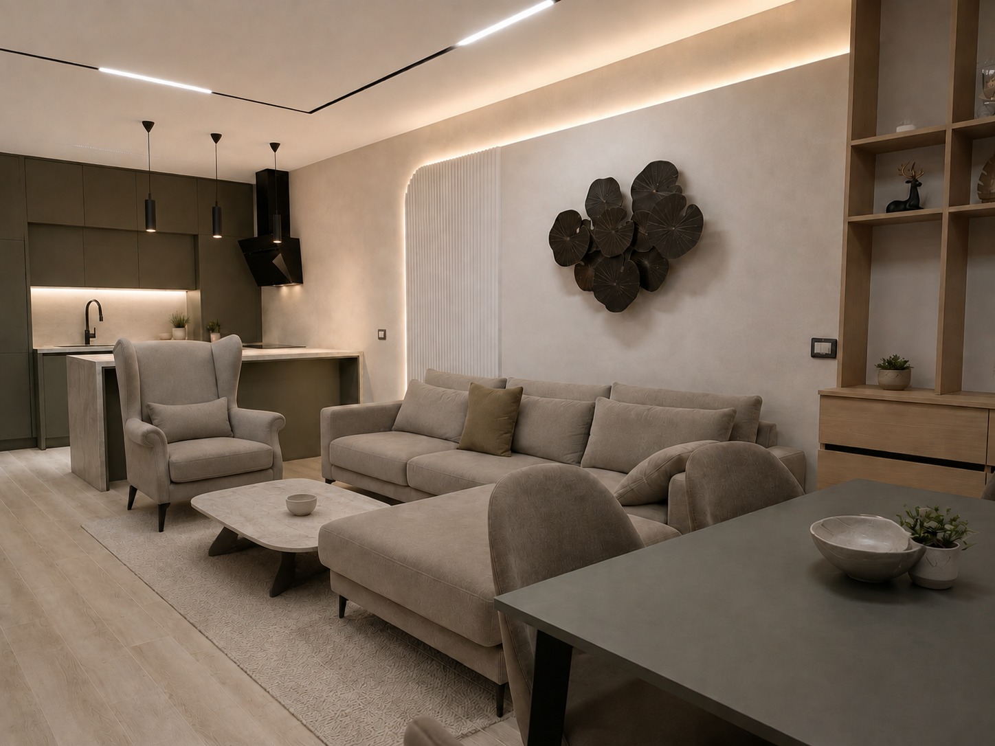 Warm neutral living room with a fluted feature wall and an open kitchen
