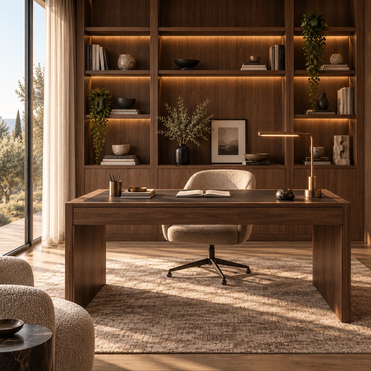 Walnut home office with a leather-inlaid writing desk and illuminated shelves